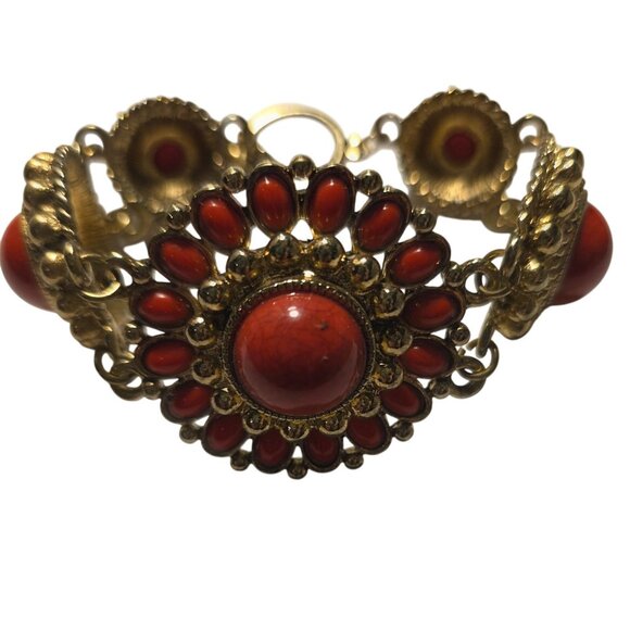 Gold-Tone Bracelet orange Cabochons Floral toggle clasp boho womens Jewelry - Picture 1 of 5